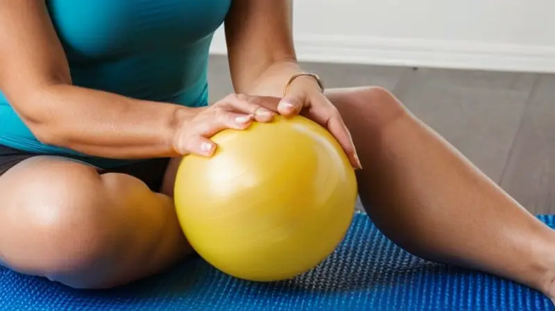 Una mujer agarra una pelota de ejercicio en una alfombrilla azul