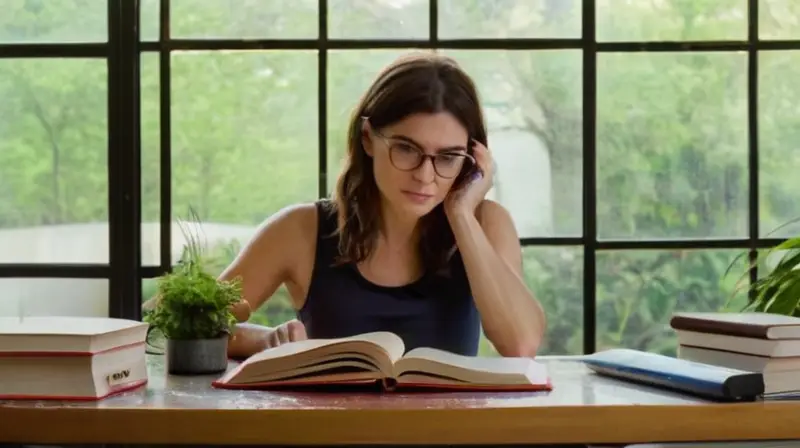 Una mujer de mediados de treinta años con el cabello desordenado y lentes sentada en una mesa atestada rodeada por librerías y papelera