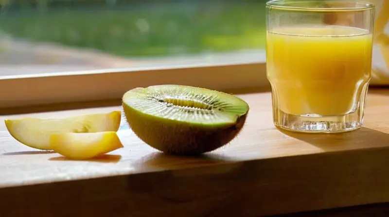 Una mesa de cocina iluminada por la luz del sol, con frutas frescas y jugo de naranja dispuestos en un tablero de madera