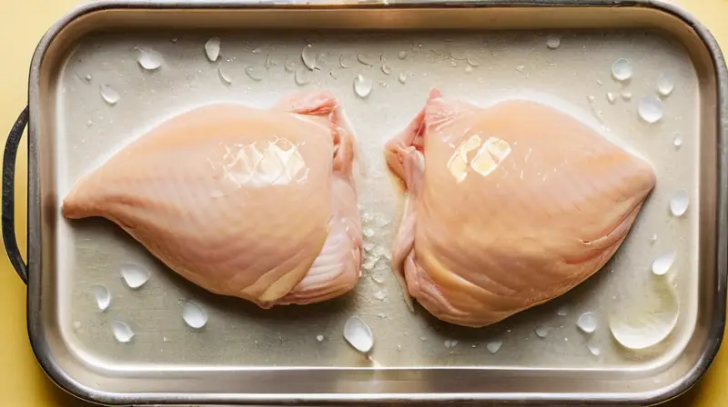 La imagen muestra un pollo congelado que se está derretiendo mostrando hielo y agua dentro de su carne