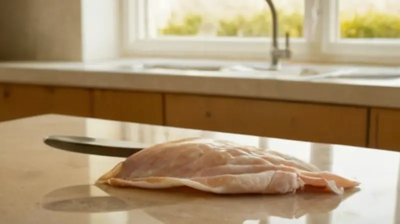 Un pollo crudo está expuesto sobre una mesa de Formica con piel pálida y desgastada