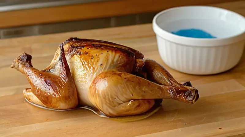 Un pollo desmenuzado se encuentra tendido en la cocina, iluminado por una luz suave y cubierto de pequeñas gotas de agua