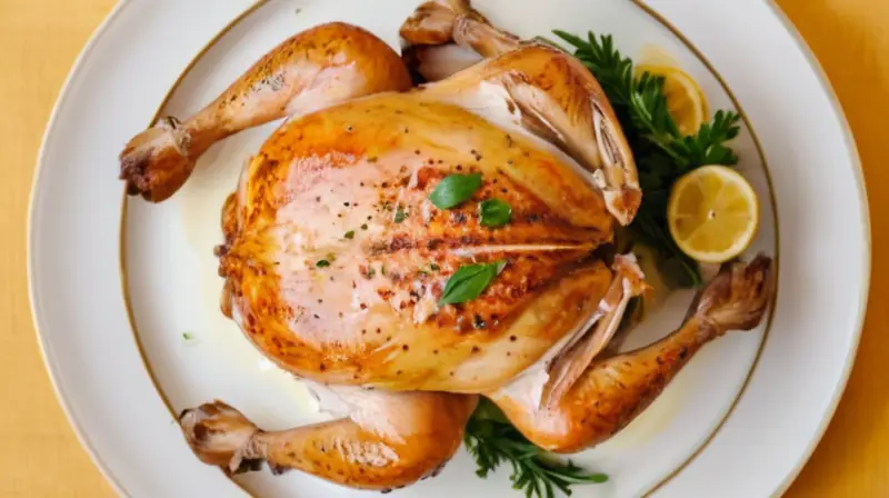 Un pollo cocido descansa en un plato blanco, iluminado suavemente por una luz dorada que realza los detalles de su piel y carne