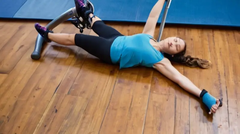 Una persona recostada sobre el suelo de un gimnasio