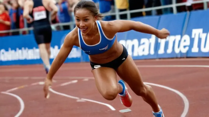 Un joven atleta acelera en la pista de atletismo con una multitud emocionada al fondo