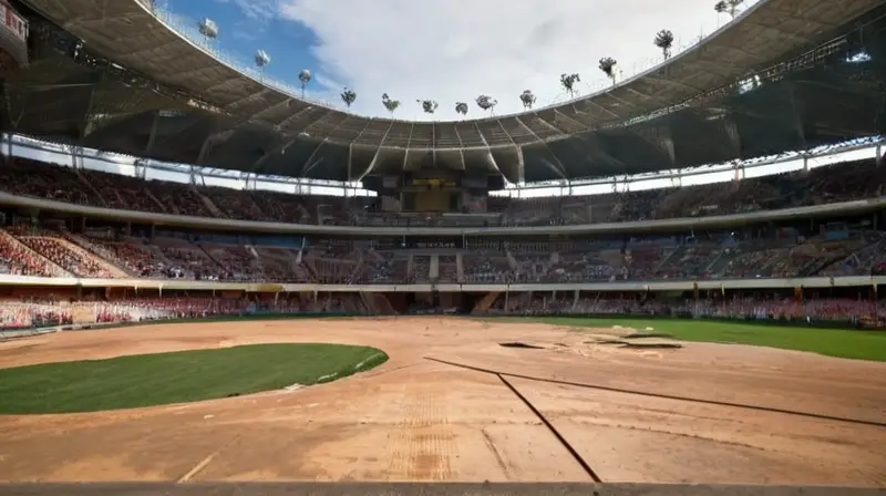 Un globo grande con mapa desgastado se ubica frente a un estadio de deportes difuminado