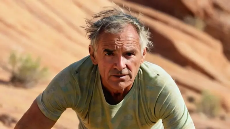 Un anciano rugoso y cansado corre a través de un paisaje árido con una expresión de gran estrés reflejada en su rostro curtido