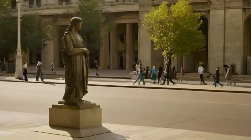 La estatua gigante de piedra pende sobre un pedestal de cemento desgastado