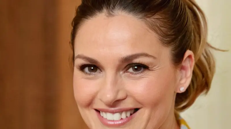 La imagen muestra a una mujer madura sonriente con un fondo suave de tonos calurosos y detalles de estilo tropical