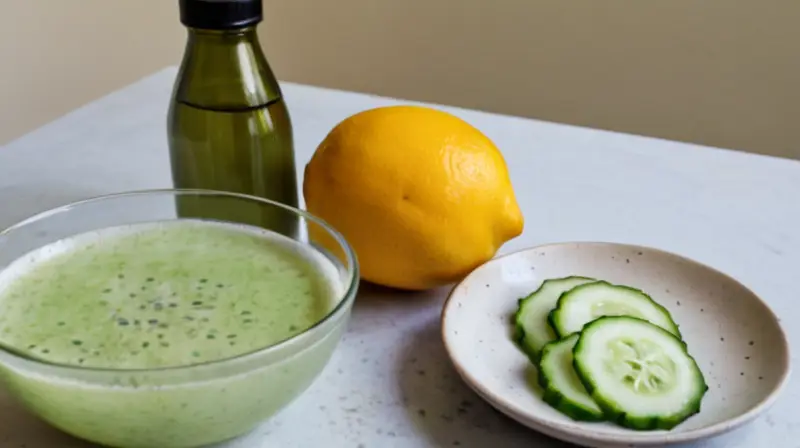 La fotografía muestra una mesa con agua, pepinos y limones frescos dispuestos en diferentes vasos y recipientes