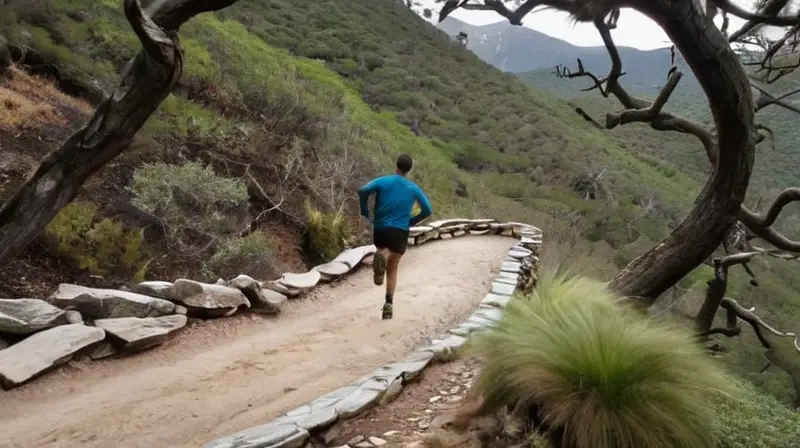 Un corredor de sendero se detiene en un camino de montaña entre árboles y paredes rocosas