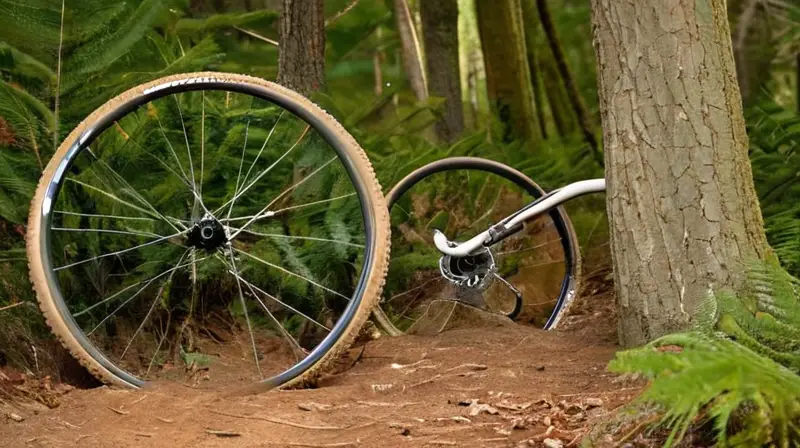 Dos bicicletas están posicionadas en un terreno rocoso con geometría idéntica, destacando las diferencias entre ruedas de tubulares y MTB sin alas