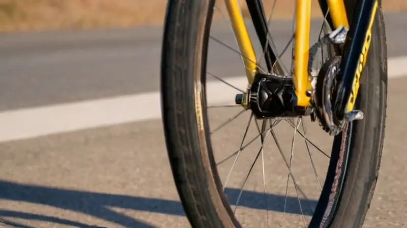 Una rueda de bicicleta de montaña se ve en una carretera de asfalto plano con el neumático ligeramente desgastado y mostrando la tela blanca debajo