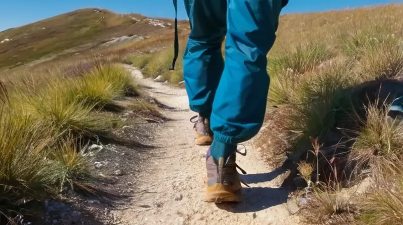 Un senderista con un basto equipamiento y botas de senderismo camina por un sendero serpenteante en una montaña rodeada de un paisaje de cielo azul con nubes blancas