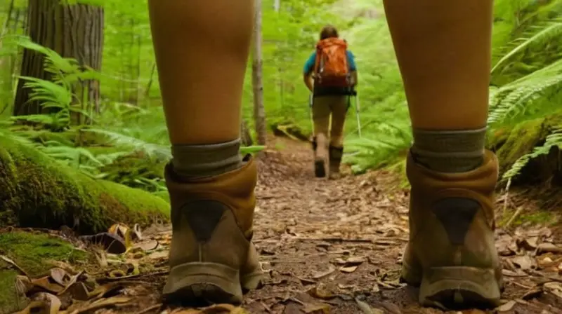 Un mochilero con rodillas cansadas y una piel bronceada recorre un bosque frondoso a través de senderos cubiertos de polvo