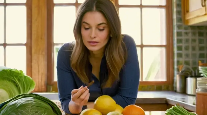 Una científica se prepara en la cocina, rodeada de verduras frescas y alimentos