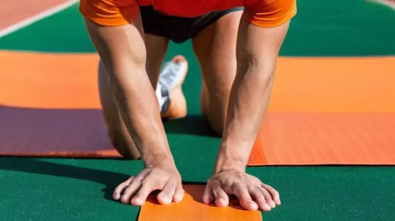 Un joven atleta está en posición de squat, sosteniéndose con las manos sobre una alfombrilla naranja outdoor