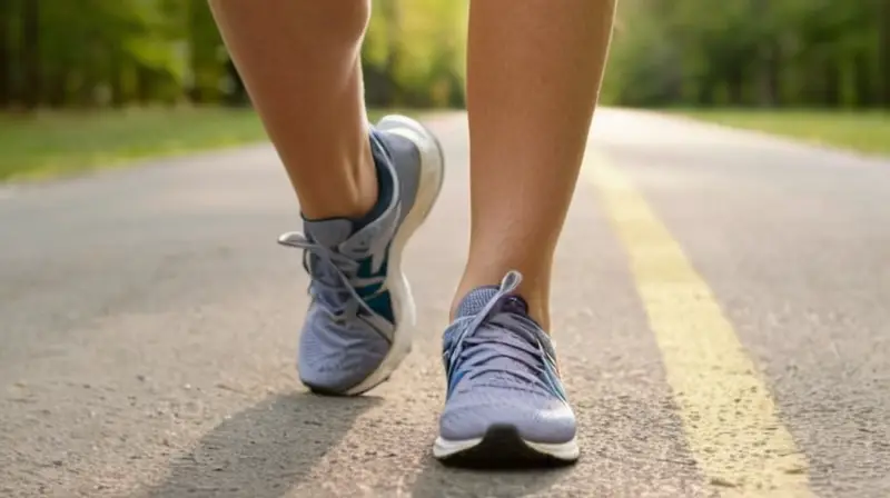 Una atleta en carrera, con los músculos de la pantorrilla tensos, mientras sostiene el ritmo de su carrera por una carretera residencial