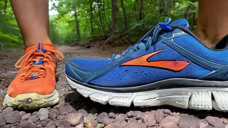 Un par de zapatos deportivos está abandonado en un sendero de carrera, con el derecho al frente y el izquierdo parcialmente oculto por la sudorosa camiseta del corredor