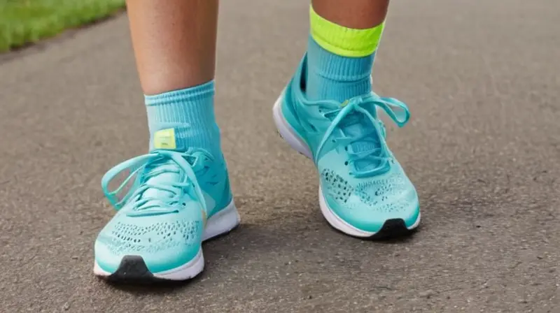 Una joven corredora está parada en un camino de asfalto gris rodeado de césped, vistiendo zapatillas brillantes y ropa deportiva que le da un aspecto dinámico y listo para deslizarse