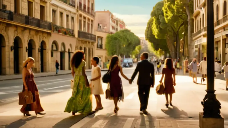 Una escena animada en Cataluña con gente caminando por la calle Passeig de Gracia rodeada de edificios y luces coloridas