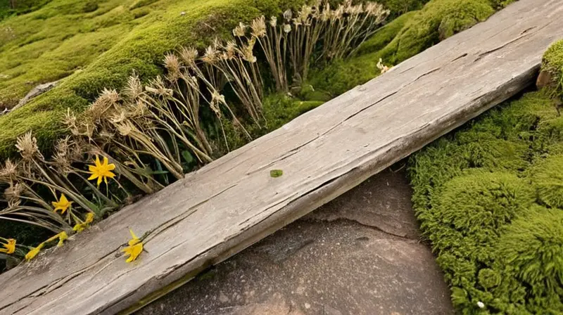 Una tabla de madera desgastada se encuentra con un suelo irregular cubierto de hierbas secas y flores silvestres