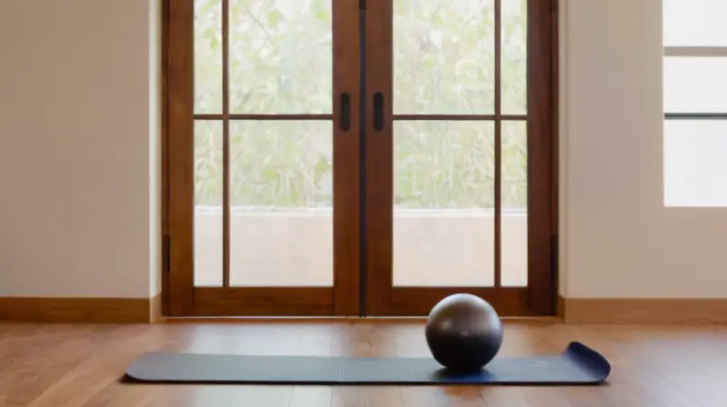 Una persona está en una postura yoga detrás de su equipo de fitness en una habitación bien iluminada y equipada