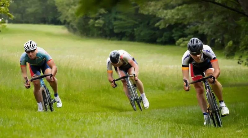 Atletas en medio de una carrera de ciclismo están sentados sobre sus bicicletas, rodeados de árboles y con expresiones de concentración en su rostro