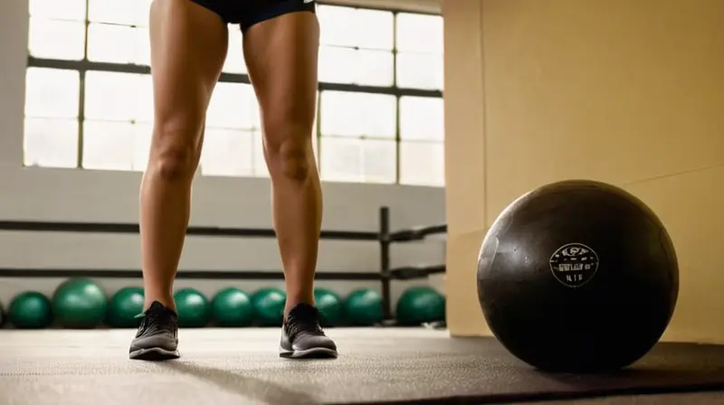 Un atleta fuerte se agacha alrededor de una pelota de medicina con sudor en sus brazos definidos