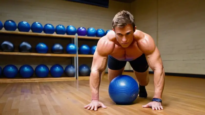 Un atleta musculoso se encuentra en una postura isométrica en una pelota de goma azul, con la pierna derecha apoyada y la izquierda levantada