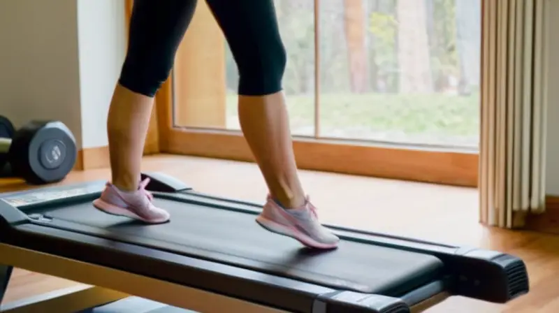 Una joven mujer está en un gimnasio moderno montada en una cinta de correr, sudando y con las piernas flexionadas