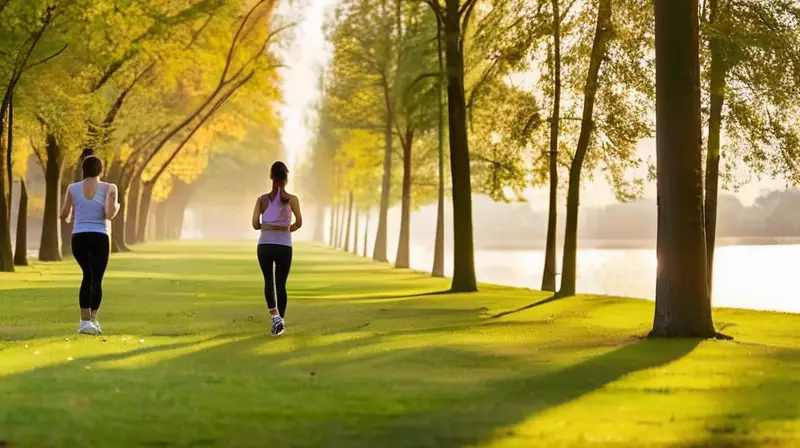 Dos mujeres realizan ejercicios en un prado soleado rodeadas de árboles y detrás una ciudad iluminada reflejando la luz del sol