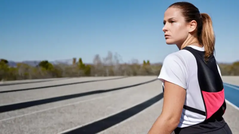 Una joven atleta viste ropa deportiva sudada mientras corre en una pista de gravilla