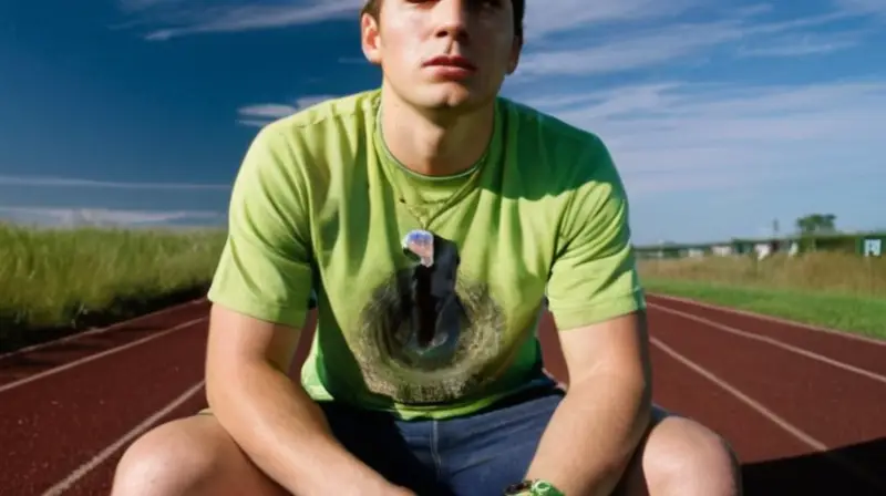 Un joven hombre de aspecto un poco desaliñado se sienta en una pradera con vistas aun atletismo abandonado