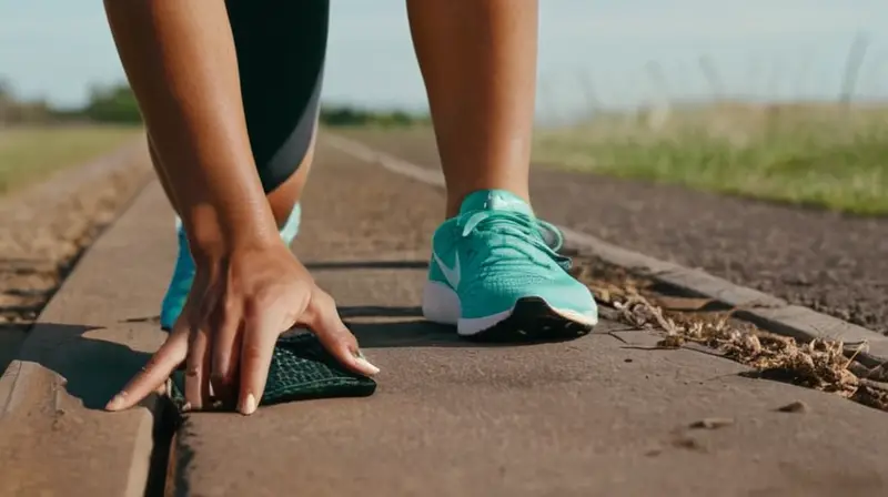 Una mujer adulta y atlética se detiene en un circuito de atletismo para evaluar una lesión que le causa dolor mientras su sudor brilla bajo la luz del sol