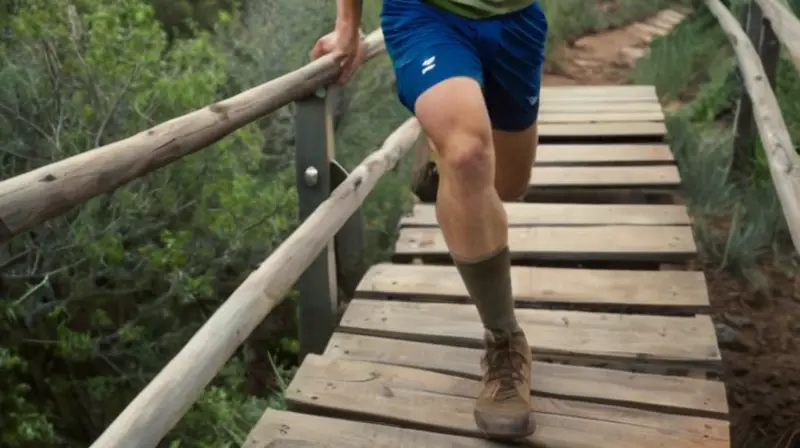 Un joven atleta trepa un empinado sendero de madera, con intensa concentración y apretando el pie contra la cuerda