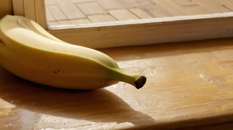 Una banana madura en una mesa desgastada con un mantel de lino está bañada por la luz matutina que ilumina sus imperfecciones y detalles