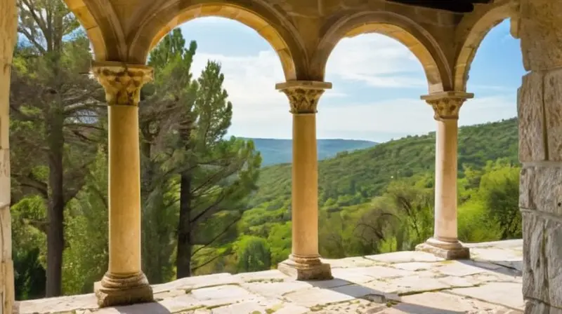 La pintura capta un paisaje sereno rodeado de elementos naturales y arquitectónicos antiguos, iluminados por una luz suave