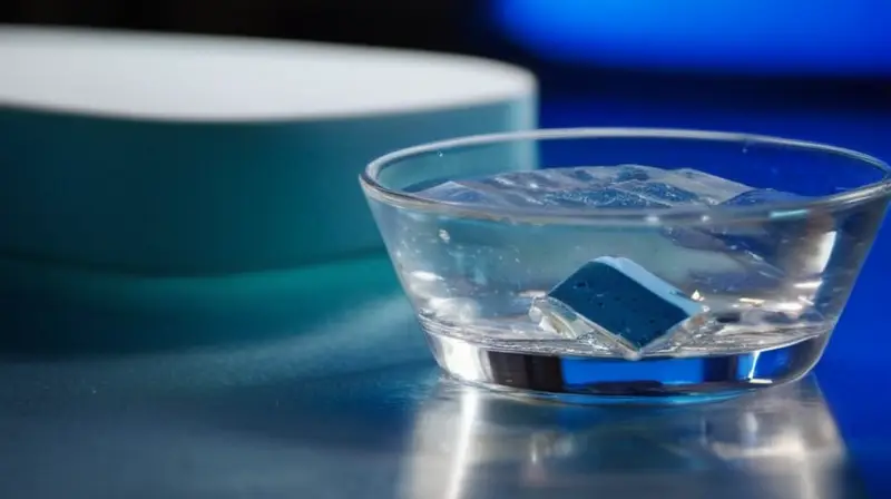 Una tableta de rehidratación reposa al lado de un vaso con agua y hielo en una habitación iluminada suavemente