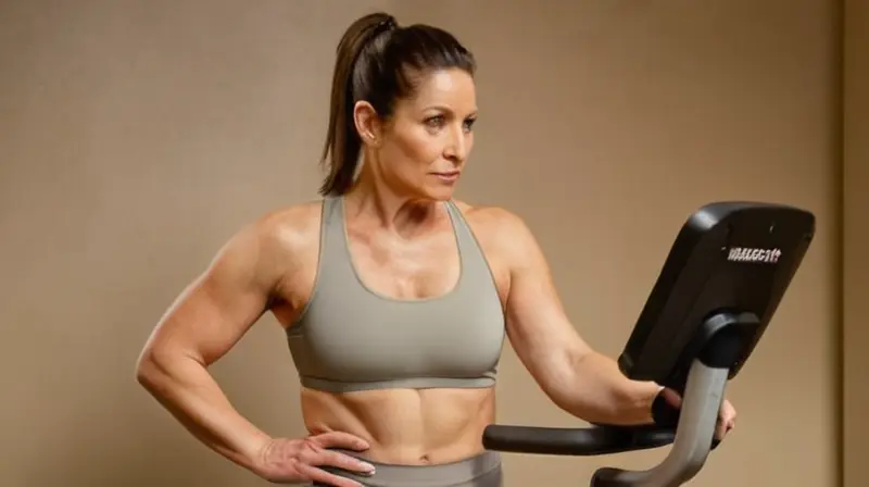 Una mujer de mediana edad está en una bicicleta estática con su cabello recogido y un collar colgado