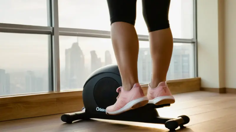 Una mujer realiza ejercicio de cardio en casa frente al paisaje urbano grisáceo y desenfocado del amanecer