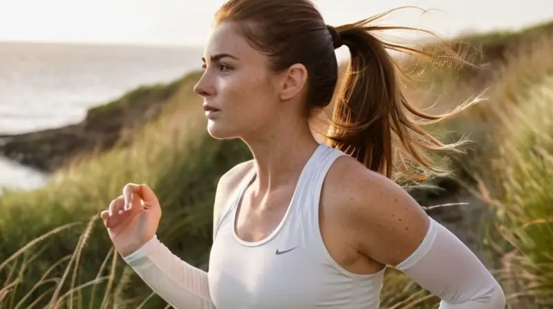 Una mujer corre por un sendero costero al amanecer, con el viento que le mueve su cabello y la brisa fresca de la costa en todo momento