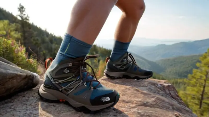 La imagen muestra a una persona vestida con botas de senderismo de The North Face sentada en un paisaje natural con una postura tenue y los cordones sueltos