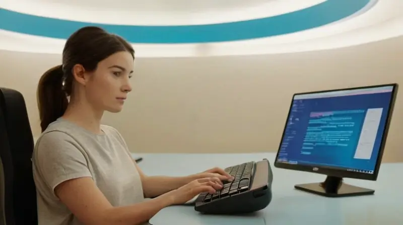 Una mujer joven sentada en una mesa de escritorio, con sus manos tecleando en el teclado mientras mira la pantalla de resultados de búsqueda