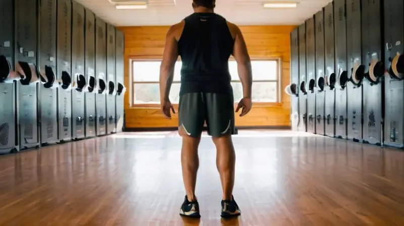 Un joven atleta se encuentra frente a un dispositivo digital en el gimnasio, observando información sobre la mejor forma de entrenar con beneficios