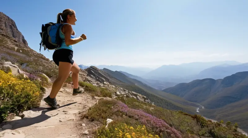 Un atleta corre por un sendero montañoso con vistas impresionantes y un entorno paisajístico natural