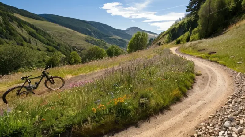 Un ciclista avanza a velocidad sobre un paisaje montañoso y bucólico bajo un cielo claro