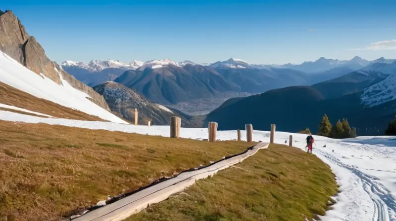 Un paisaje alpino sereno donde montañas nevadas se funden con nubes y arboles coníferos de agujas congeladas, rodeados de senderos de esquí y personas acostadas bajo la nieve