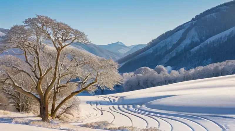 Un paisaje montañoso cubierto de nieve bajo la luz cálida del mediodía