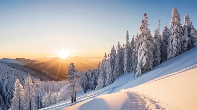 Un paisaje de invierno en un resort de esquí con un suelo recién esquiado bajo una arboleda cubierta de nieve y soñador